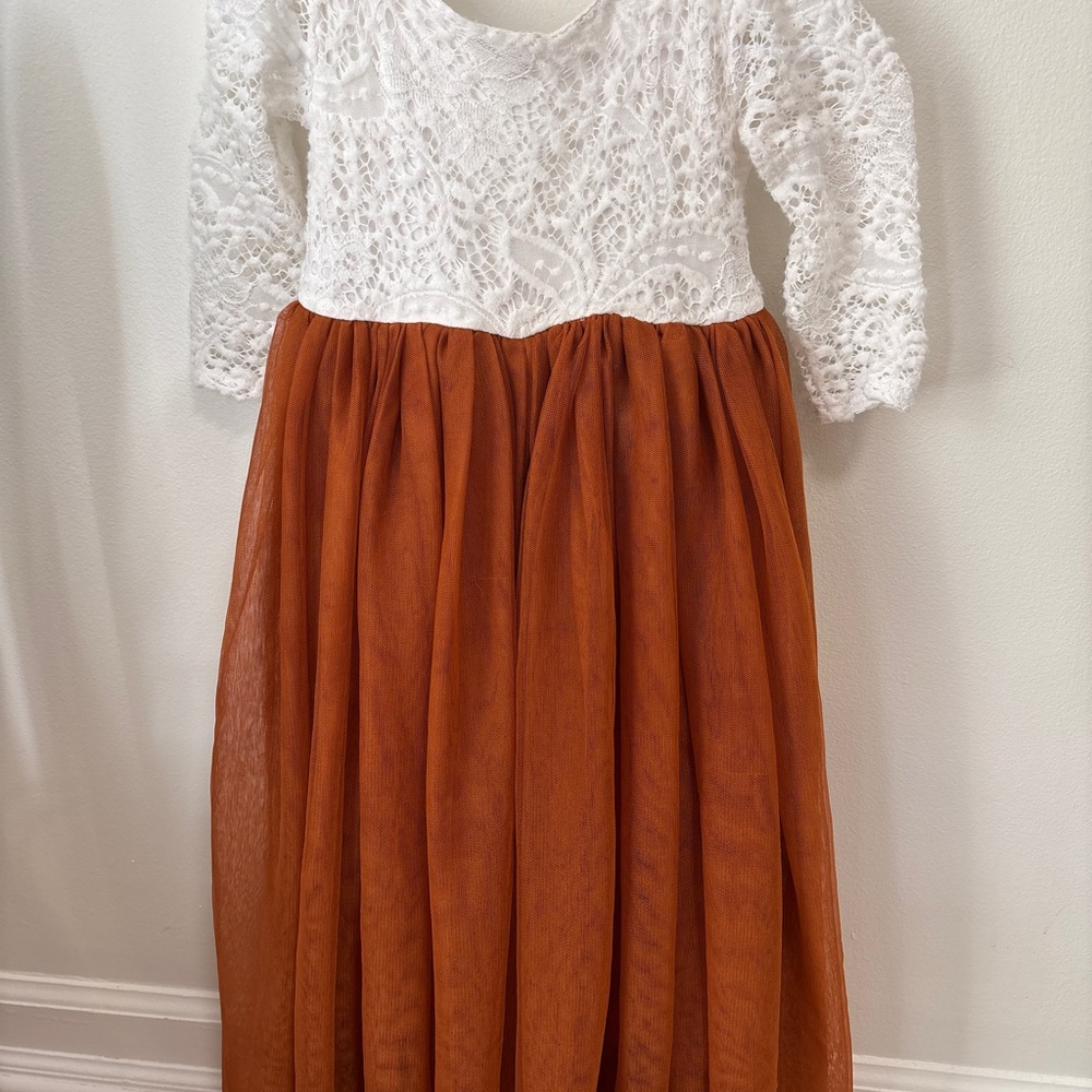 Girls White Lace Top with Rust Orange Tulle Skirt Dress